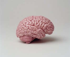 A pink-hued anatomical model of a human brain rests against a plain off-white backdrop, showcasing its intricate structure in stark simplicity
