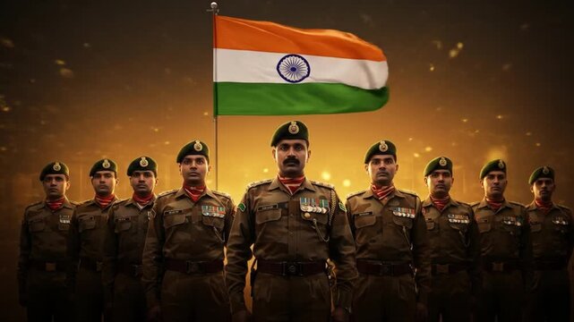 Group of Soldiers Standing at Attention Before a National Flag