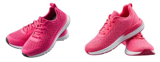 Pair of Bright Pink Running Shoes with Mesh Fabric, isolated on a transparent background PNG