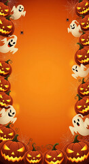 Obraz premium Spooky Halloween festive border design with glowing jack-o'-lanterns, whimsical ghosts, and delicate spider webs on a vibrant orange background, perfect for seasonal greetings, invitations, or banners