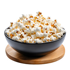 Freshly Popped Buttered Popcorn in a Black Bowl on a Wooden Surface