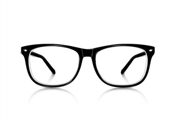 Fototapeta premium Isolated black rimmed glasses with clear lenses reflecting softly on a white surface, showcasing simple, modern eyewear design