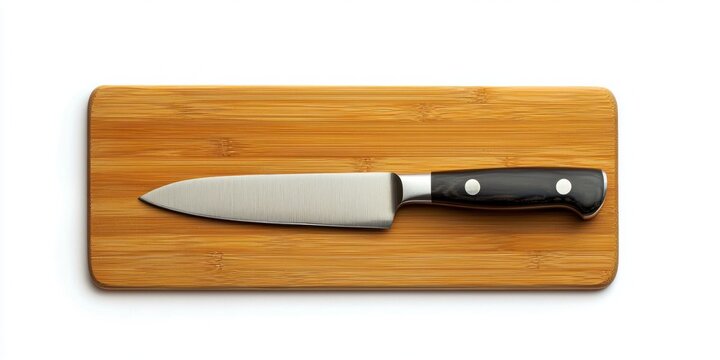 A stainless steel chef's knife rests on a light-colored bamboo cutting board. The knife has a silver blade and a black handle with silver rivets. 