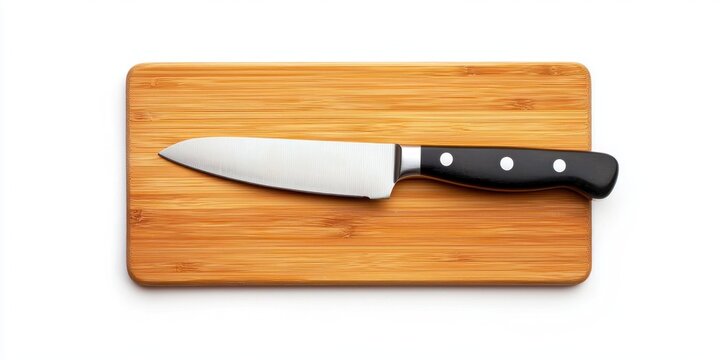 A stainless steel chef's knife rests on a light-colored bamboo cutting board. The knife has a black handle with three visible rivets. 