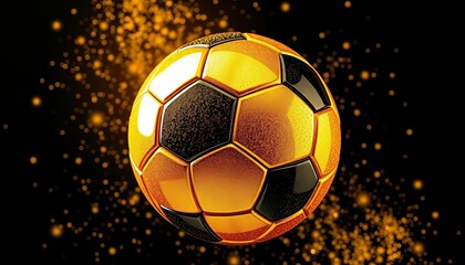 Fototapeta premium Gleaming golden soccer ball, black backdrop, gold glitter splatter , football, luxury