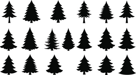Collection of pine tree silhouettes, black Christmas tree icons, vector evergreen tree shapes for winter, holiday, and nature design