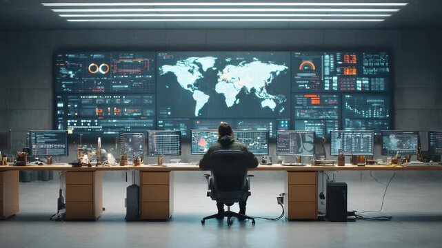 Digital empire control room featuring multiple screens displaying world map and global data analytics modern high tech environment