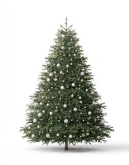 A fir tree stands decorated with white and gold spherical ornaments against a bright, neutral background, creating a festive holiday scene