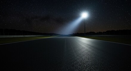A dark, empty asphalt road stretches into the distance, illuminated by a single bright streetlight under a starry night sky.
