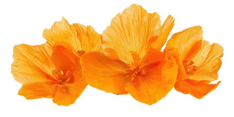 Three vibrant orange flowers with delicate, layered petals are arranged in a horizontal line against a stark white background. 