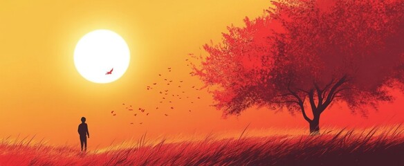 Obraz premium Solitary Figure in Golden Field with Red Tree and Birds at Sunset