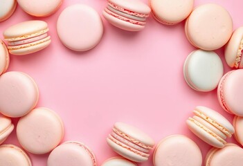Fototapeta premium Delicate pastel-colored French macarons arranged artfully on a soft pink background, bakery, colorful food