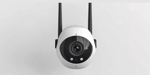 A white and gray wireless security camera is mounted on a white wall. The camera has a circular lens, two antennas, and indicator lights. 
