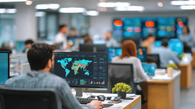 Digital empire business technology with computer data analytics modern office showing global growth and colorful world map