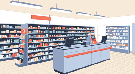 Modern pharmacy interior with shelves stocked with medicines and a checkout counter