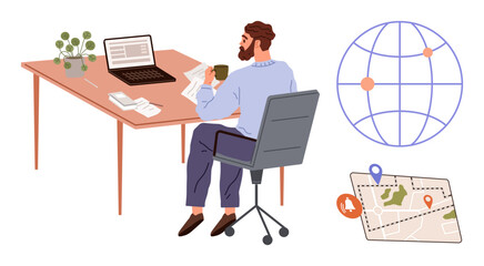 Man multitasking with child and documents at desk, laptop open. Globe and map signify global collaboration. Ideal for remote work, multitasking, parenting, global reach, data sharing, flexibility