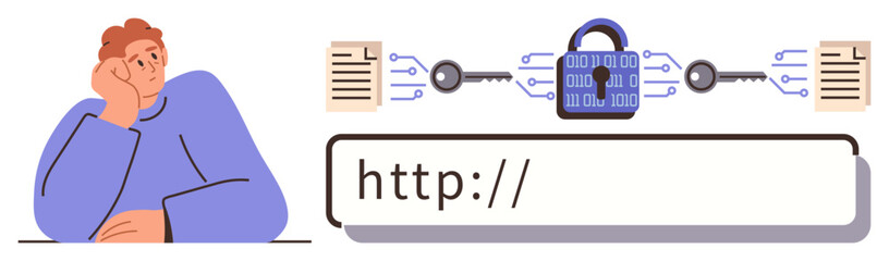 Thoughtful man considering data security, encryption lock connecting documents via circuitry, web URL text box. Ideal for cybersecurity, online privacy, data protection, encryption, secure browsing