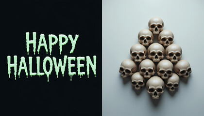 Happy Halloween Skull Pyramid Illustration Stacked Human Skulls on Gray Surface with Green Text Spooky Festive Design with Jagged Font and Dark Contrast