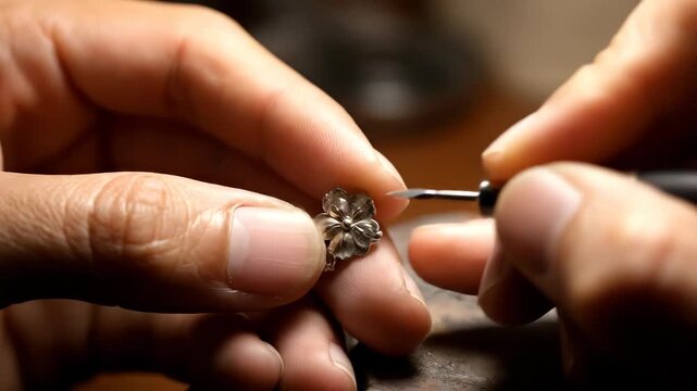 Man Carving a Silver Flower Pendant With a Precision Tool in Studio Workshop