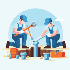 A waterworks worker is digging the ground to repair a pipe with a simple and minimalist flat design using a white background.