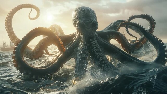 Underwater scene of a giant octopus swimming near a boat