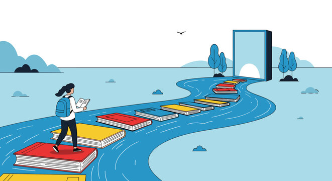Student journeys toward knowledge, stepping on books across a flowing river towards a bright future.