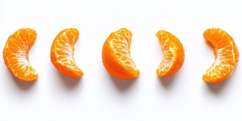 Five segments of a peeled tangerine are arranged in a crescent moon shape on a white surface. The tangerine slices vary in size and shape, creating a visually appealing pattern. 