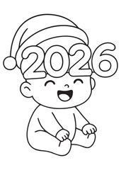coloring book  baby wearing '2026' novelty glasses and a festive hat, smiling to welcome the new year.