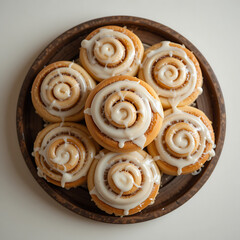 Fototapeta premium Top down view of freshly baked homemade cinnamon rolls with sweet white icing glaze on a rustic wooden plate