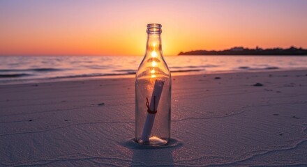A message in a bottle rests on a tranquil beach at sunset, bathed in warm golden light.