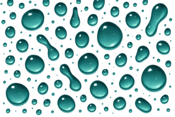 Turquoise water droplets varying in size splashing across transparent surface, highlighting liquid dynamics with crisp, clean visual texture