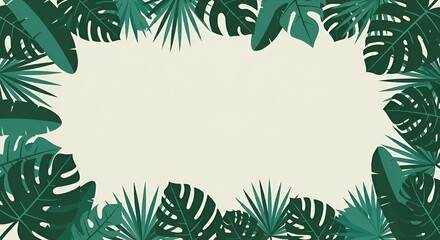 Green botanical foliage border with exotic monstera and palm leaves illustration