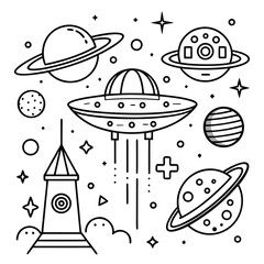 Space exploration with planets, stars, rocket, and ufo isolated on white background