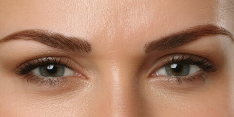 Fototapeta premium A close-up portrait of a woman's face, focusing on her eyes and eyebrows. Her eyes are a light green color with visible irises and pupils. Her eyebrows are dark brown and well-defined. 