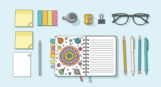Organized desk essentials, cute stationery, colorful planner, and writing tools create a productive workspace vibe