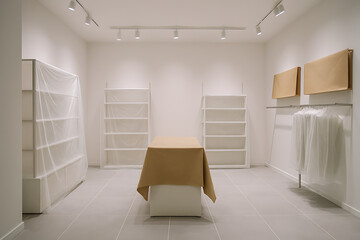 Modern minimalist retail store interior design with white shelving and display table concept idea