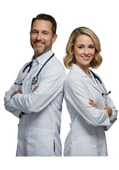 Fototapeta premium Caucasian man (mid-30s-40s) & woman (late 20s-30s) in crisp white lab coats, stethoscopes, smiling confidently back-to-back, on clean transparent studio background with notepad, perfectly lit.