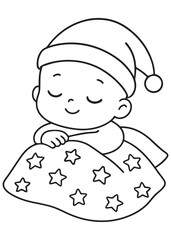 coloring book  baby sleeping peacefully under a star-pattern blanket, cozy New Year nap.