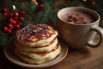 A stack of pancakes and a mug of hot chocolate sit on a wooden table
