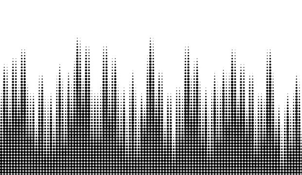 A dynamic black and white halftone pattern forms a visual spectrum with dotted gradients creating an abstract sound wave or city skyline effect against a clean white backdrop