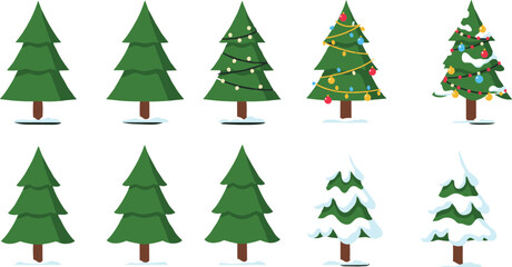 Green Christmas tree illustrations with snow and lights, festive holiday pine tree designs, winter seasonal decoration vector set