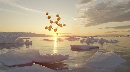 Ethereal Molecular Bonds Radiating Over Melting Glaciers, Golden Anomalous Connections Amidst Ice and Serenity.