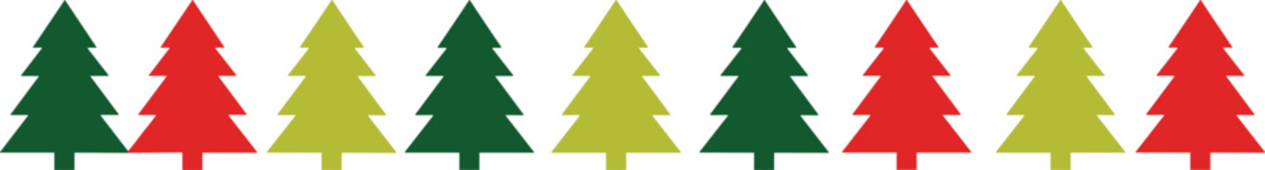 Minimal flat Christmas tree icons in green, red, and yellow – modern festive evergreen vector set