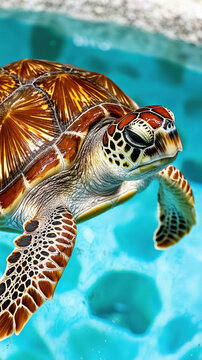 Sea turtle marine reptile ocean water pool swimming shell pattern brown orange