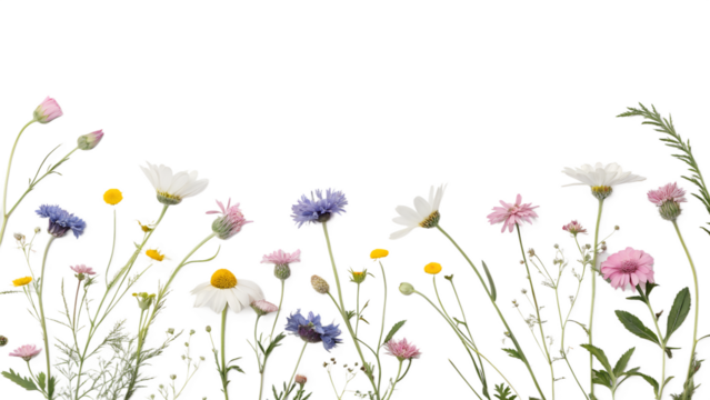 Wildflower arrangement featuring blooming daisy cornflower and pink blossoms, PNG, isolated on transparent background.