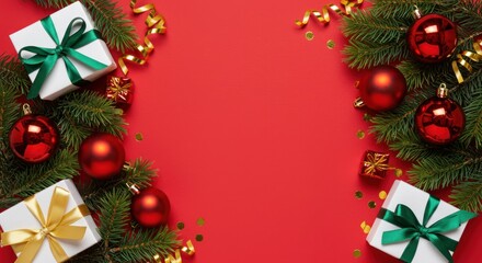 Christmas arrangement with presents, red ornaments, confetti, and evergreen branches on a red background.