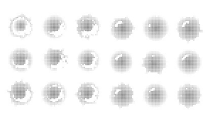Abstract halftone circles in a black and white seamless pattern offer a retro, distressed look with pixelated dots, perfect for adding a vintage texture to creative designs