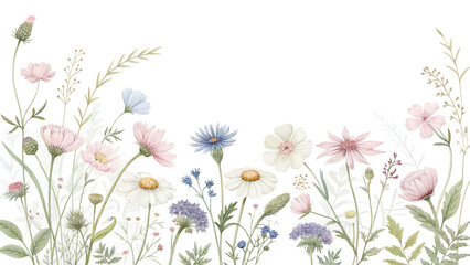 Obraz premium Soft wildflower bouquet in pastel watercolor style, PNG, isolated on transparent background.