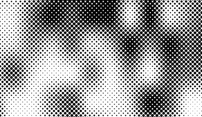 This grayscale halftone image features a detailed pattern of black dots against a white background, creating a dynamic visual texture with varying densities and tonal contrasts