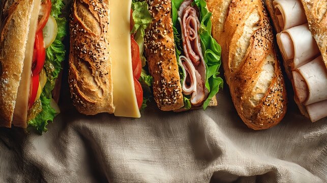 Close up of assorted fresh sandwiches with ham cheese lettuce and tomato served in crusty multigrain baguettes. Perfect image for National Sandwich Day highlighting delicious healthy and homemade food - Powered by Adobe